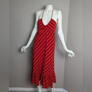 Ella Moss striped dress Red pink beach vacation halter ruffle hem Small